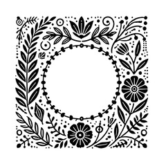 Floral Frame: Black and white square frame with a circular space for text or images. Perfect for invitations, cards, or announcements. Elegant and versatile design. 