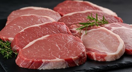 Fototapeta premium Fresh Assortment of Raw Meats on Black Slate Tray with Herbs