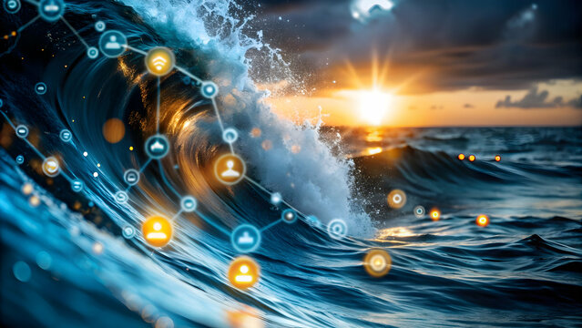 seascape and waves and surf concept as Dynamic image of waves crashing with subtle overlay of business icons representing energy and momentum in business ample copy space. in  Photo Stock  Concept  an