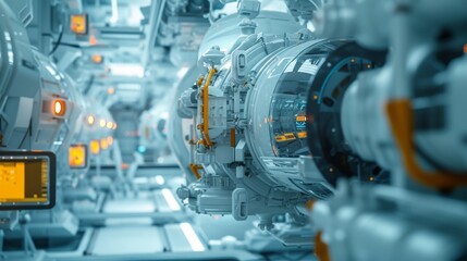 Obraz premium A detailed view of a futuristic spacecraft interior featuring advanced machinery, glowing lights, and technological components, creating a sci-fi atmosphere. AI generated.
