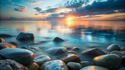 Obraz premium Tranquil Seascape Rocks Calm Sea Pastel Sunset Sky Peace Reflection Ample Text Space Left