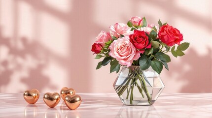 Fototapeta premium A beautiful arrangement of roses in a vase, accompanied by heart-shaped decorations, perfect for Valentine's Day celebrations and romantic occasions.