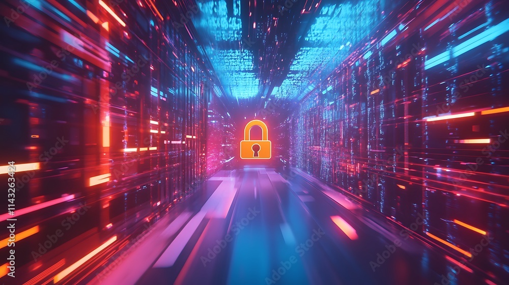 Poster digital data security within a neon cyber tunnel