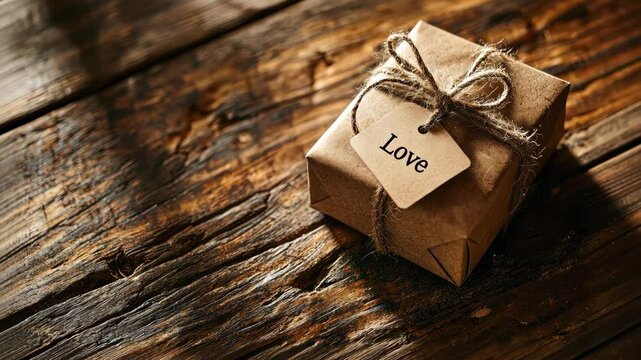 Gift Box of Love Tied with Twine on Wooden Table Display