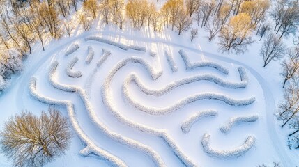 A winter wonderland aerial view of a beautifully crafted snow-covered maze with intricate pathways and surrounding trees