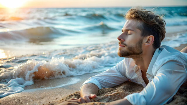 Serene Seafarer Reclining on Sandy Beach, Embracing Calm Waves and Ocean Mist for Peaceful Escape Stock Photo
