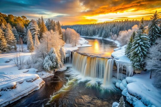 Tahquamenon's winter magic: a drone captures frozen falls, snow-laden trees, and a stunning celestial canvas.