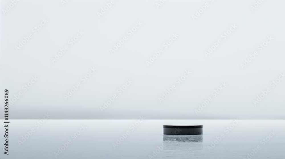 Poster A sleek black circular object sits on a reflective frozen lake under an overcast sky, emphasizing minimalism and modern design. AI generated.