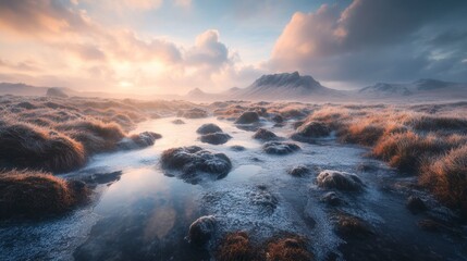 Fototapeta premium A serene landscape at dawn featuring frosted grasslands, icy patches, and soft sunlight breaking through clouds
