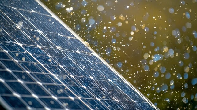 Close-up of a solar panel glistening with water droplets, showcasing the principles of renewable energy and sustainability.