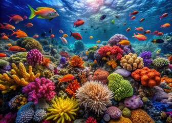 Naklejka premium Thriving coral reef ecosystem from above showcases vibrant marine life and stunning ocean biodiversity.