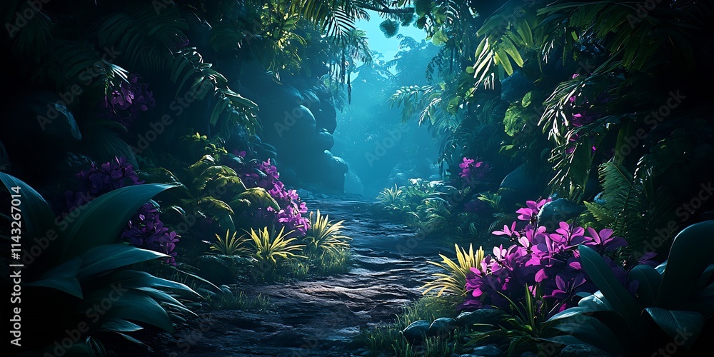 Poster enchanting jungle path with vibrant foliage and soft sunlight : generative ai