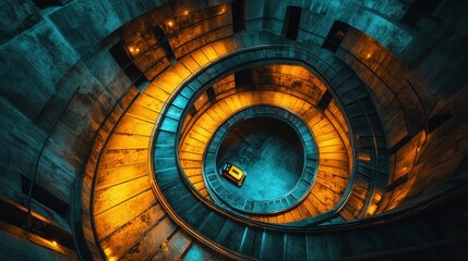 Naklejka premium A striking aerial view of a spiral staircase illuminated by warm orange lights, featuring a solitary yellow car at the center