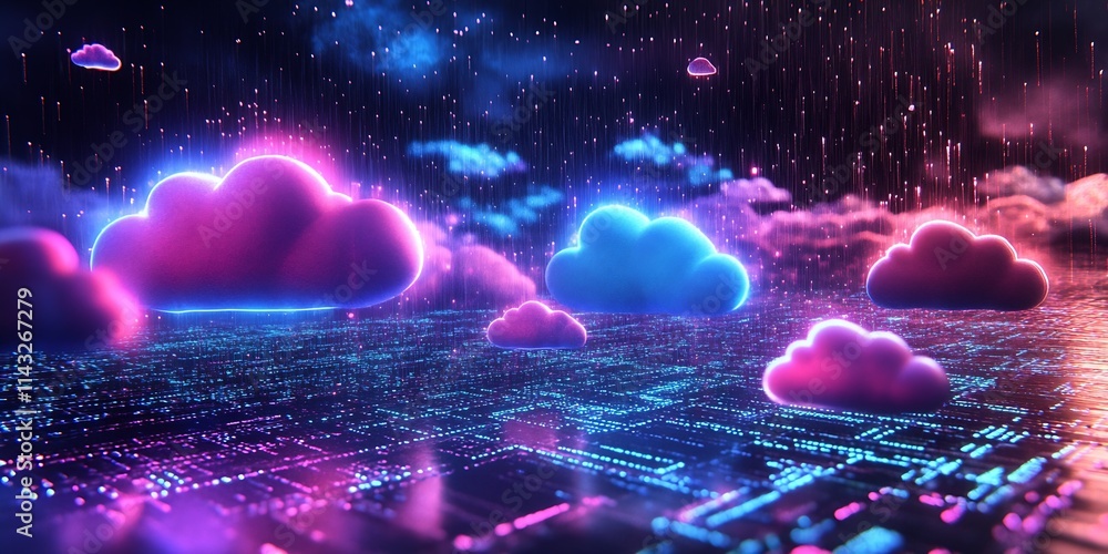 Poster Vibrant Digital Cloudscape with Neon Clouds and Futuristic Circuit Board Design : Generative AI