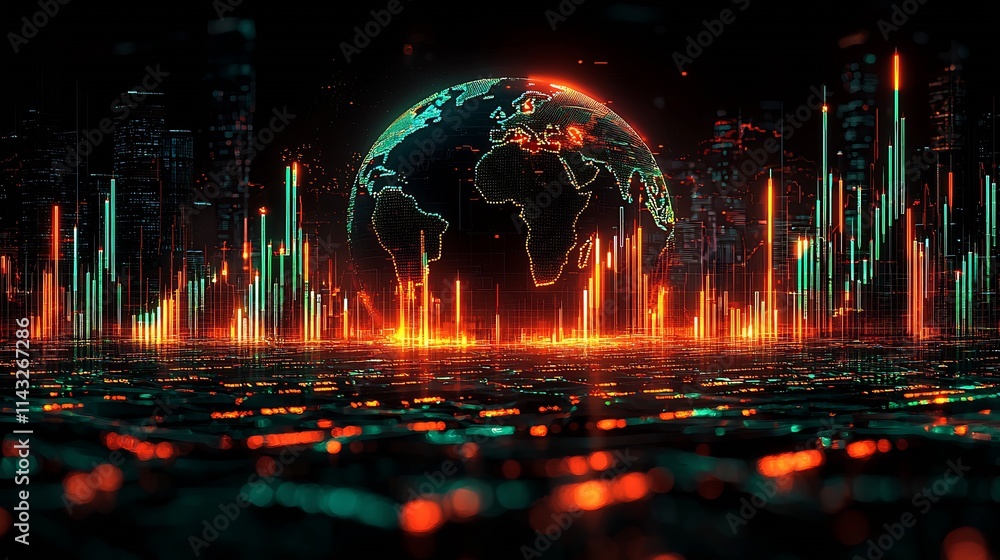Aufkleber Futuristic digital earth with glowing data streams in a cityscape background : Generative AI