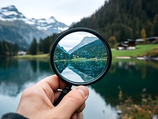 Hand holding magnifying glass focusing on mountain lake reflection with data overlay.
