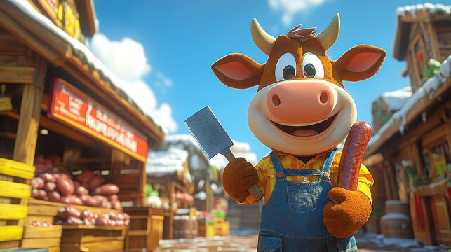 A cheerful cartoon cow holds a sausage and cleaver in a vibrant market setting.