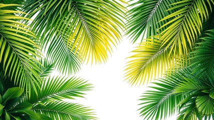 Tropical palm leaves with green and yellow hues against a white background, vibrant, summer, nature