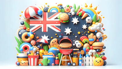 Fototapeta premium 3D Abstract Australia Day BBQ Background Digital Art Celebrating Community Gathering with Festive Colors and Copy Space