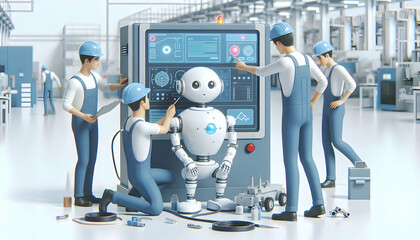 Fototapeta premium Candid Engineers Troubleshooting AI Systems on Factory Floor with 3D Icon Copy Space for Manufacturing Innovation