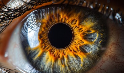 Macro close-up of a human eye with yellow iris.