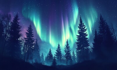 Majestic aurora borealis illuminating a dark evergreen forest at night.