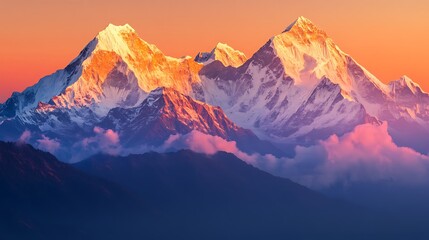 The serene beauty of mountain peaks illuminated by golden hour sunlight as the sun sets on the horizon 