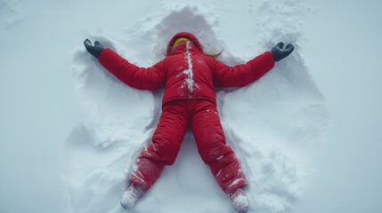 Child joyfully creating a snow angel in a soft, powdery blanket of fresh snow on a winter day