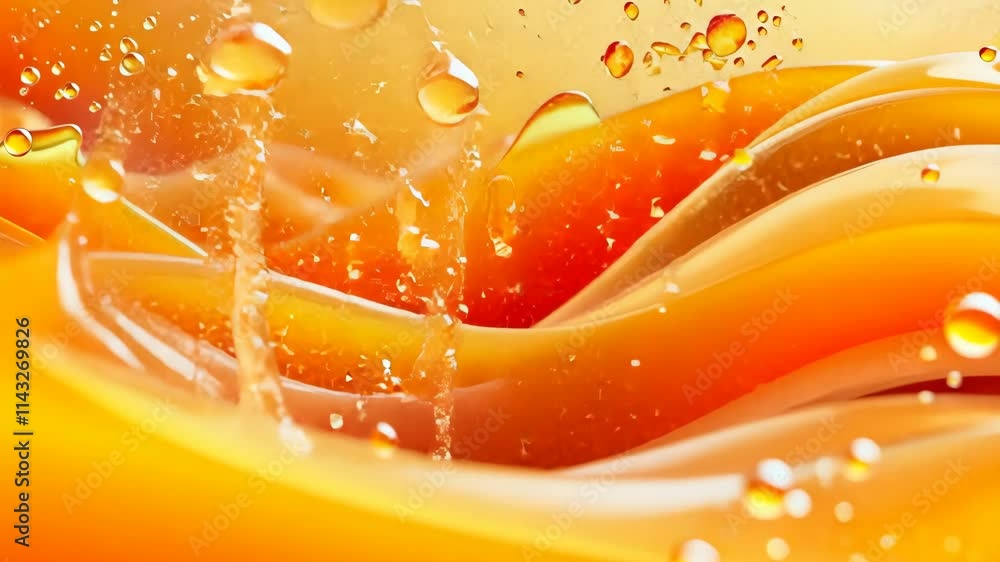 Poster vibrant orange liquid with droplets creating ripples and textures in a dynamic and eye-catching disp