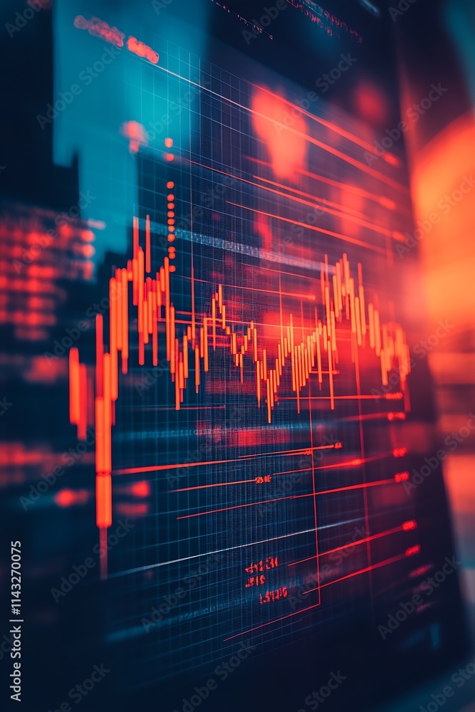 Poster Financial Market Chart with Dynamic Red Line Graph on Dark Background : Generative AI