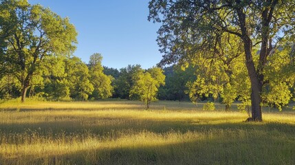 A peaceful meadow bathed in the warm glow of the early morning sun