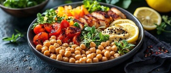 Healthy Chicken and Chickpea Bowl with Roasted Vegetables and Hummus.