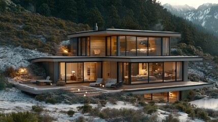 Contemporary mountain house nestled in serene landscape with large windows showcasing modern architecture and cozy ambiance