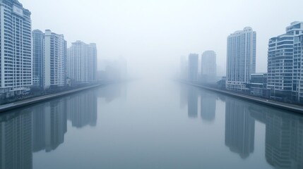 Obraz premium A serene, foggy riverscape featuring tall buildings on either side, creating a tranquil yet mysterious atmosphere.