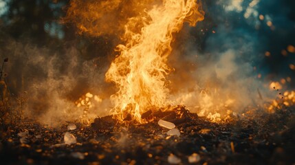 Bright Flames Rising from Burning Debris in Nature Scene