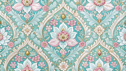 Traditional Asian botanicals create a seamless, elegant floral pattern in white, pink, and blue.