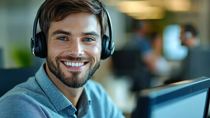 Friendly customer service representative at a modern office smiling while wearing headphones