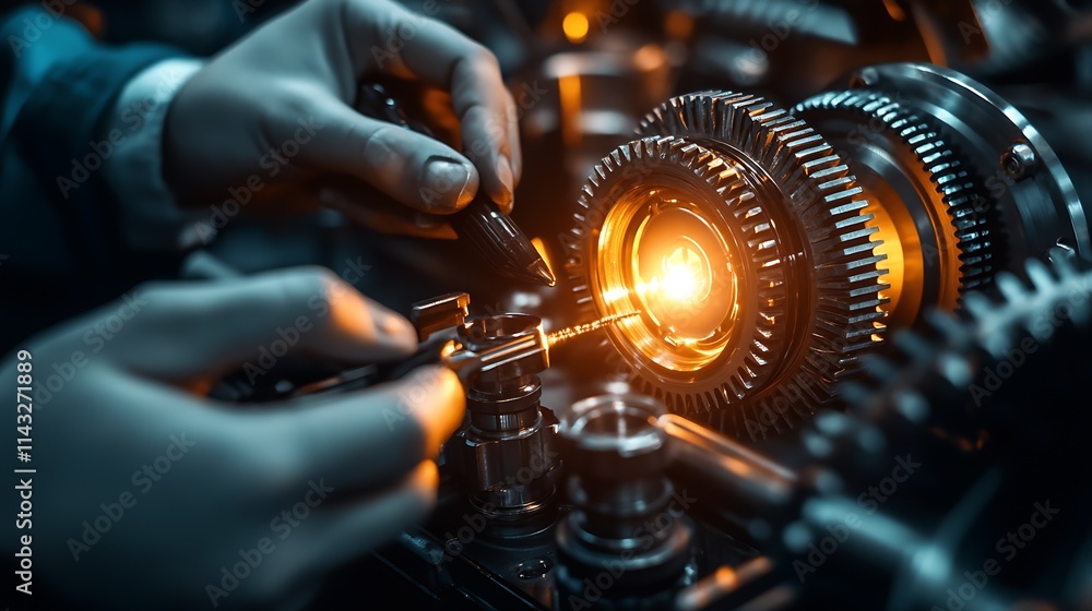 Leinwandbilder Precision engineering hands adjust illuminated gear in an advanced mechanical workshop : Generative AI