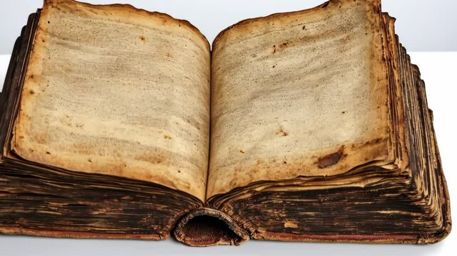 Ancient open book with worn pages resting on a plain surface, showcasing its historical significance and age-related wear