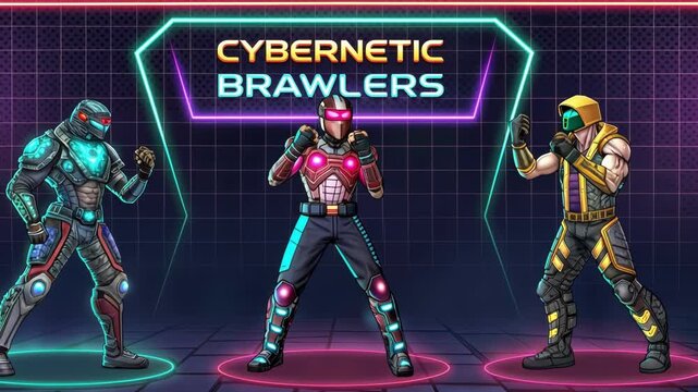 Cybernetic Brawlers A character select screen filled with futuristic martial artists each draped in hightech gear and glowing tattoos. Bright neon colors pop against a dark