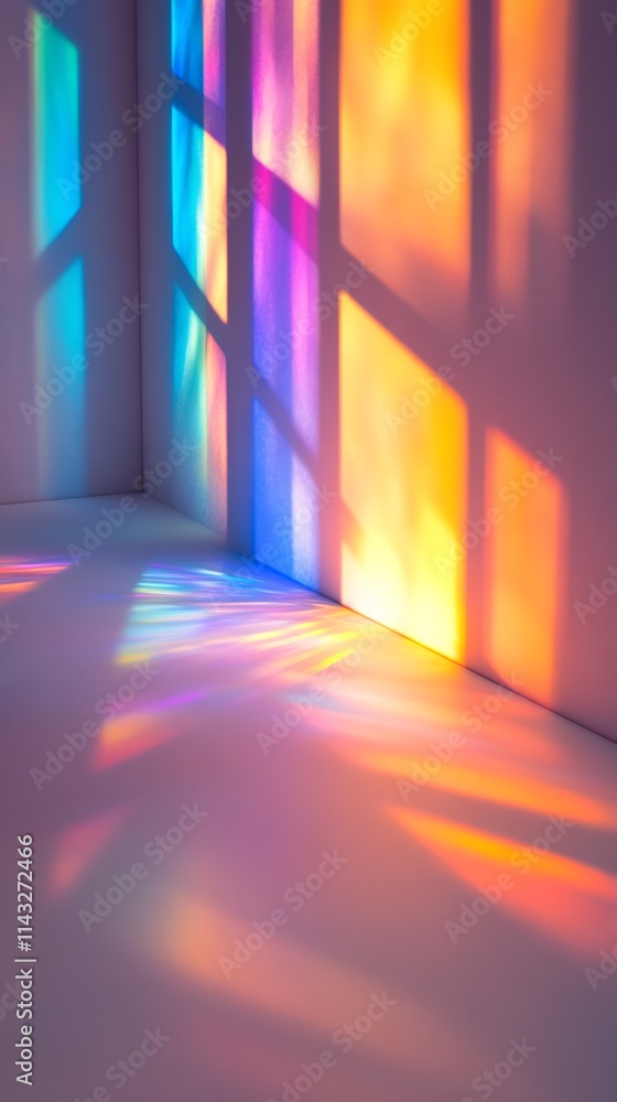 Aufkleber vibrant spectrum of colorful light reflections on empty interior wall : generative ai