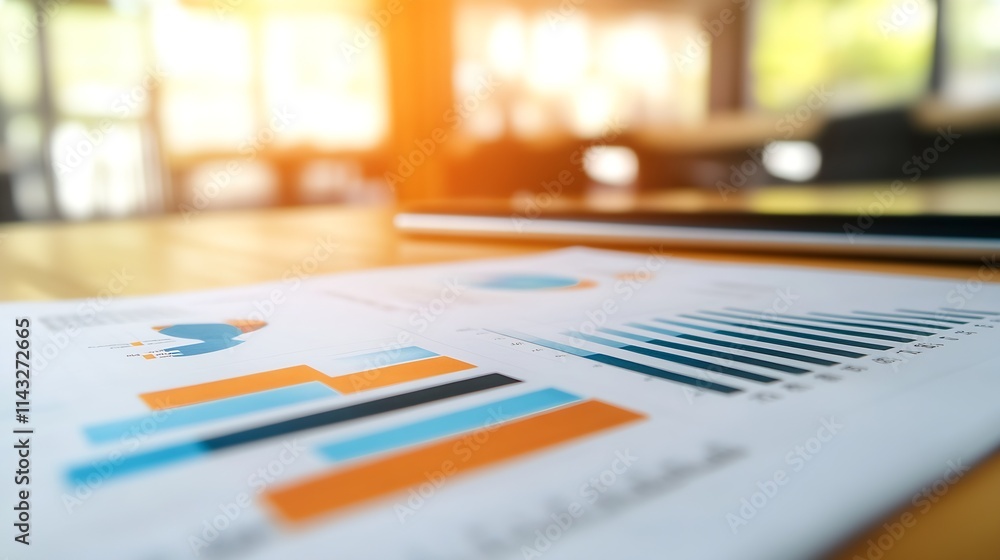 Aufkleber Close up of business report analysis with bar graphs on a desk in modern office setting : Generative AI