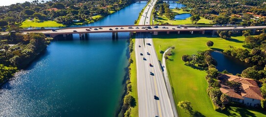 Aerial view of highway bridge over canal, lush green landscape.