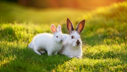 white rabbit mum cuddling her cub on the grass, AI generated