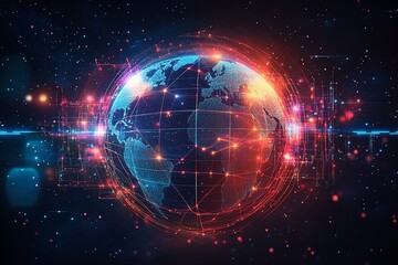 Glowing digital world map with network connections.