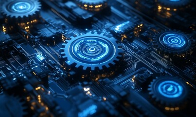 Gears on circuit board, tech background. (1)