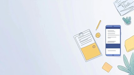 A minimalistic workspace featuring a phone, documents, and stationery items.