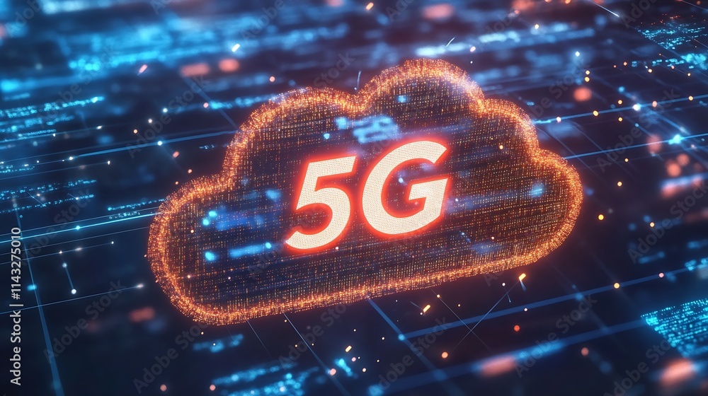 Poster futuristic digital cloud network illustration with 5g connectivity highlighting advanced communicati