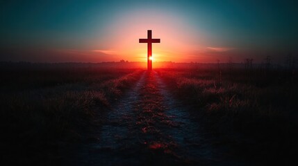 Naklejka premium Silhouette cross at sunrise over field.