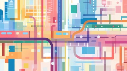 public transit map flat design front view urban planning animation colored pastel 